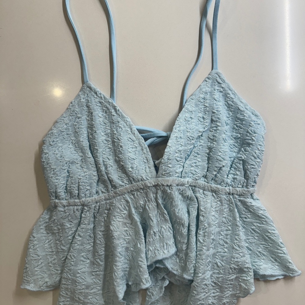 Light Blue Textured Spaghetti Strap Halter Top